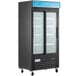 An Avantco black glass door merchandiser refrigerator.