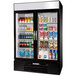 A Beverage-Air black refrigerated glass door merchandiser filled with drinks and beverages.