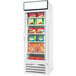 A Beverage-Air white glass door merchandiser freezer with boxes of food inside.