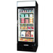 A Beverage-Air black glass door refrigerator filled with dairy products.