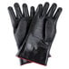 A pair of black San Jamar Neoprene gloves with red trim.
