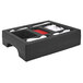 A black plastic box with cut out compartments holding white and red containers.