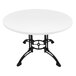 An Art Marble Furniture white round quartz table top on a black table.