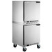 A Beverage-Air stainless steel undercounter refrigerator with left hinged doors on wheels.