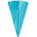 A blue plastic pastry bag with a white cone on it.