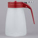 A white plastic Tablecraft syrup dispenser with a red lid.