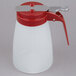 A white and red plastic Tablecraft syrup dispenser with a red lid.