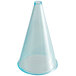 A clear cone shaped plastic container with a blue rim and a clear cone shaped plastic lid.