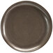A mocha porcelain plate with a black rim.