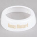 A white plastic Tablecraft salad dressing dispenser collar with beige lettering that says "Honey Mustard"