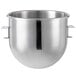 A silver stainless steel Hobart mixing bowl with a handle.