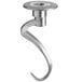 A silver aluminum spiral dough hook with a metal hook on the end.