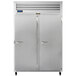 A large silver Traulsen G Series reach-in refrigerator with two right hinged doors.
