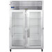 A stainless steel Traulsen G Series reach-in refrigerator with two glass doors.