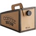 A brown and black Choice coffee take-out box with a handle and coffee cup print.