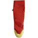A red San Jamar Cool Touch puppet style oven mitt with a yellow cuff.