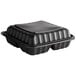 A black Ecopax plastic hinged take-out container with three compartments.