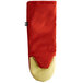 A red and yellow San Jamar oven mitt cover with a white Kevlar web guard.