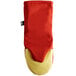 A San Jamar red and yellow oven mitt with a yellow Kevlar guard.