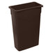 A brown Carlisle Trimline rectangular plastic trash can with a lid.