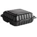 A black Ecopax plastic hinged take-out container with 3 compartments and a lid.
