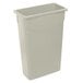 A beige Carlisle Trimline rectangular trash can with a lid.