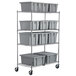 A Rubbermaid grey Palletote box shelving kit with 11 grey Palletote boxes on a chrome wire rack.