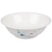 A white rimless melamine bowl with blue bamboo design.