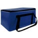 A royal blue Sterno food carrier with black straps.