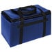 A Sterno Royal Blue insulated food carrier with black straps.