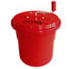 A red plastic bucket with a handle.