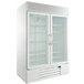 A white Beverage-Air glass door refrigerator with shelves.