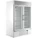 A white Beverage-Air glass door merchandising freezer with stainless steel interior.