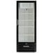 A black Beverage-Air glass door freezer with white shelves.