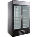 A Beverage-Air black glass door refrigerator with two shelves.