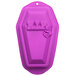 A purple silicone cake mold shaped like a coffin with the word "R.I.P." on it.