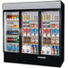 A Beverage-Air black glass door merchandising freezer filled with drinks and beverages.