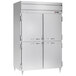A silver stainless steel Beverage-Air reach-in freezer with two half doors.