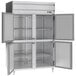 A Beverage-Air stainless steel reach-in freezer with open half doors.