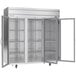A Beverage-Air stainless steel reach-in freezer with glass doors open.