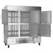 A Beverage-Air stainless steel bottom mount reach-in freezer with open half-doors.
