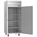 A Beverage-Air stainless steel reach-in freezer with an open door.