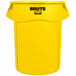 A yellow Rubbermaid Brute trash can with black text reading "BRUTE" on the side.