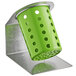 A lime green plastic cylinder with holes and a stainless steel organizer.