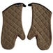 A pair of brown San Jamar oven mitts with white stitching.