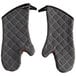 A pair of San Jamar Bestguard oven mitts in a gray quilted design with black trim.