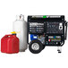 A DuroMax portable generator with a gas can and a propane tank.