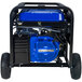 A DuroMax XP10000EH blue portable generator on a black frame with wheels.