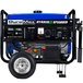 A blue and black DuroMax portable generator with wheels.