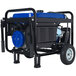 A blue and black DuroMax portable generator with wheels.
